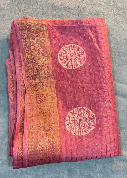 Pink Batik Print Semi Tussar Saree With Sequins Work- Casual