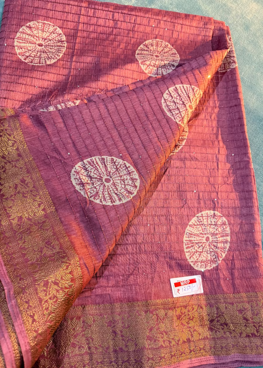 Pink Batik Print Semi Tussar Saree With Sequins Work- Casual