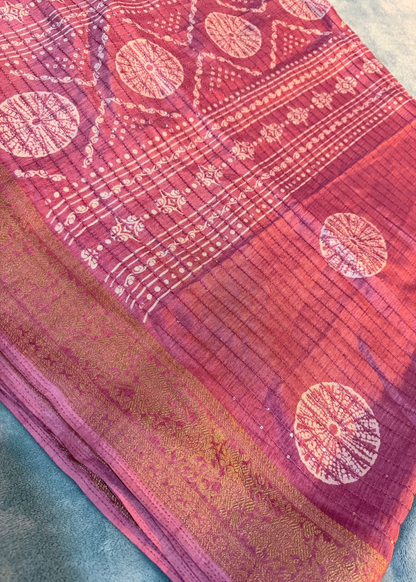 Pink Batik Print Semi Tussar Saree With Sequins Work- Casual
