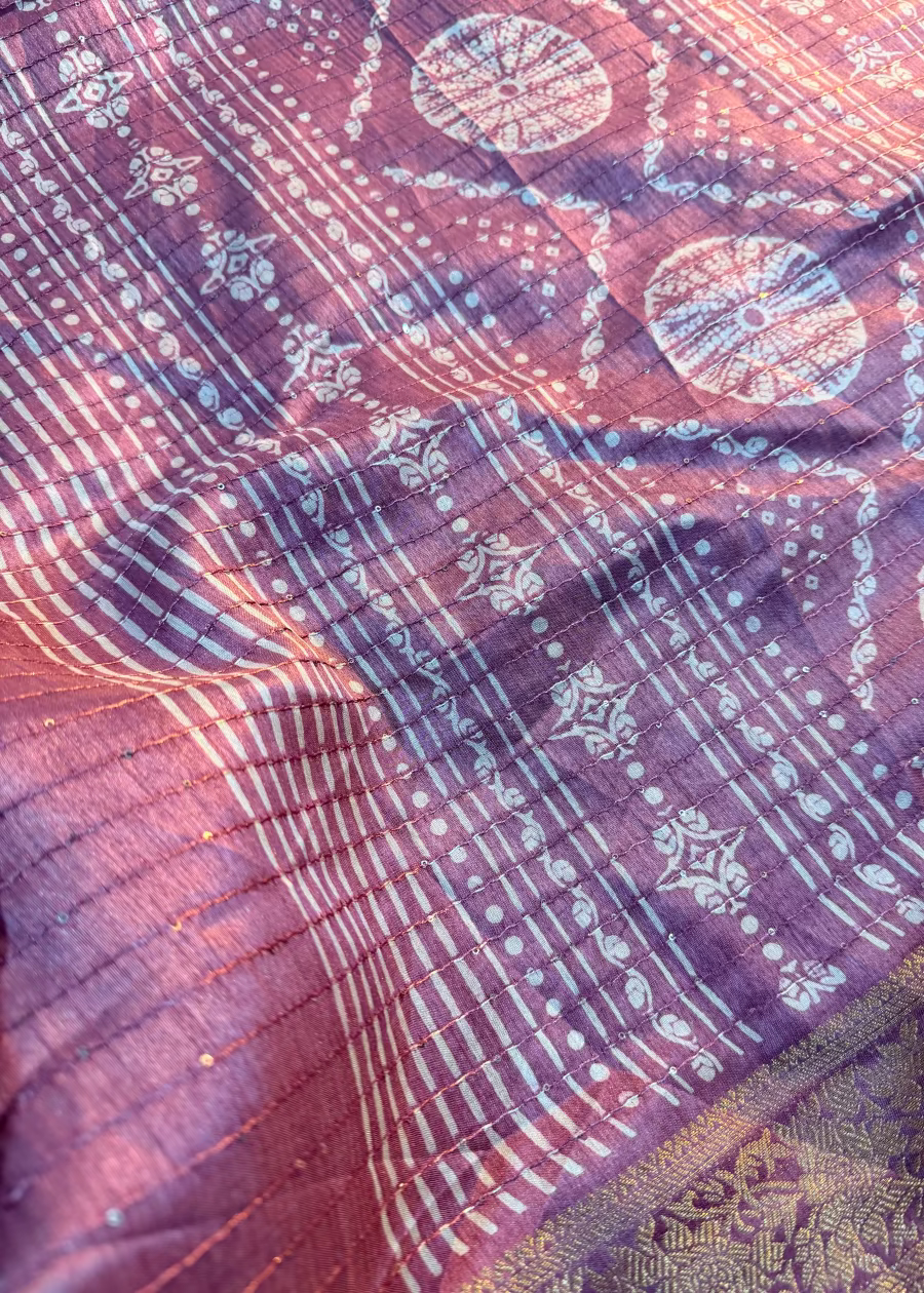 Pink Batik Print Semi Tussar Saree With Sequins Work- Casual