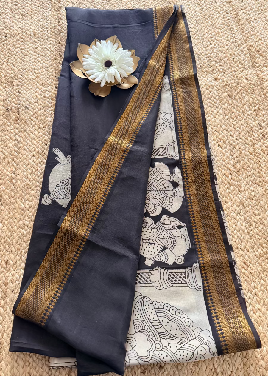 Black&White Block Printed Chennur Silk  Saree- Andhra