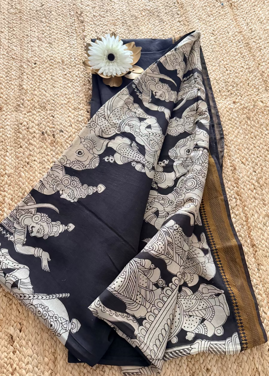 Black&White Block Printed Chennur Silk  Saree- Andhra