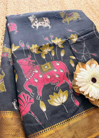 Pichwai Block Printed Chennur Silk Saree- Pure Silk