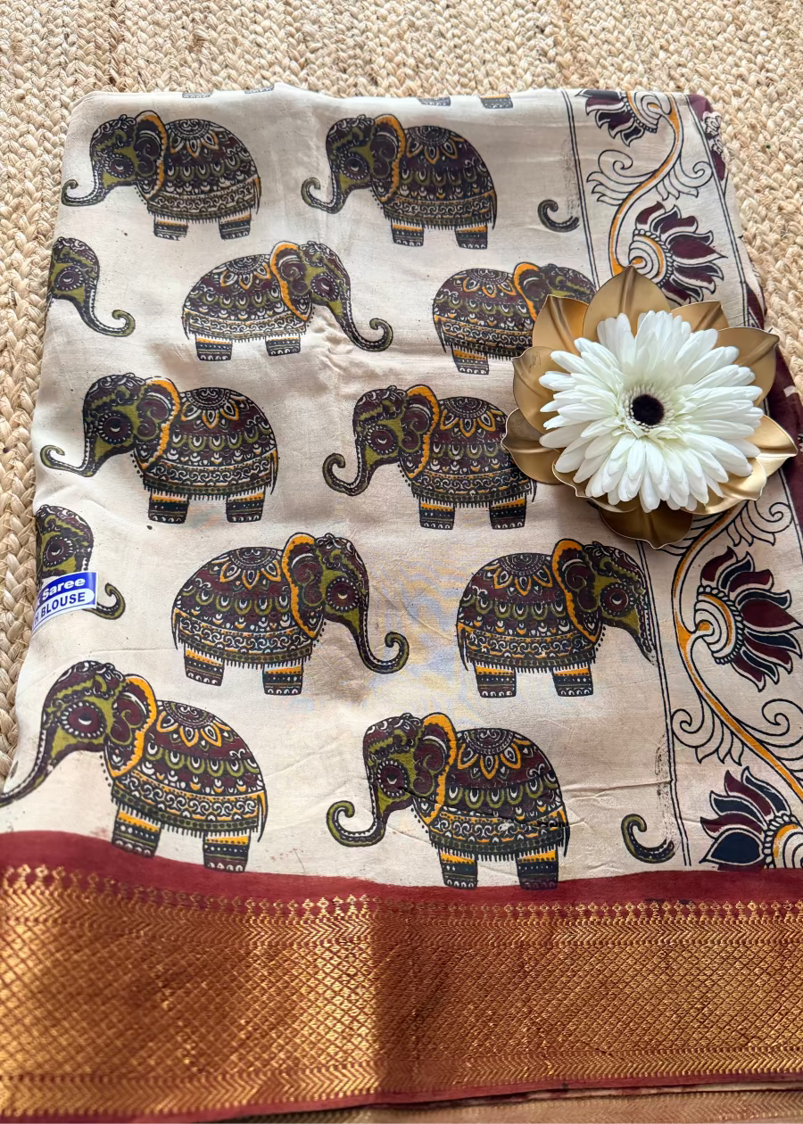Elephant Printed Chennur Silk Saree With Nizam Borders- Andhra