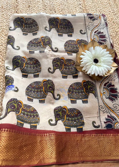 Elephant Printed Chennur Silk Saree With Nizam Borders- Andhra