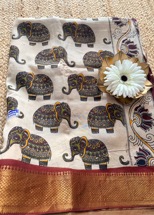 Elephant Printed Chennur Silk Saree With Nizam Borders- Andhra