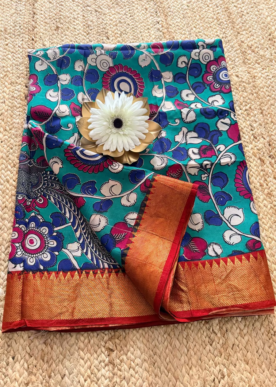 Teal  Kalamkari Block Printed Chennur Silk Saree With Nizam Border - Andhra