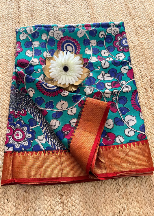 Teal  Kalamkari Block Printed Chennur Silk Saree With Nizam Border - Andhra