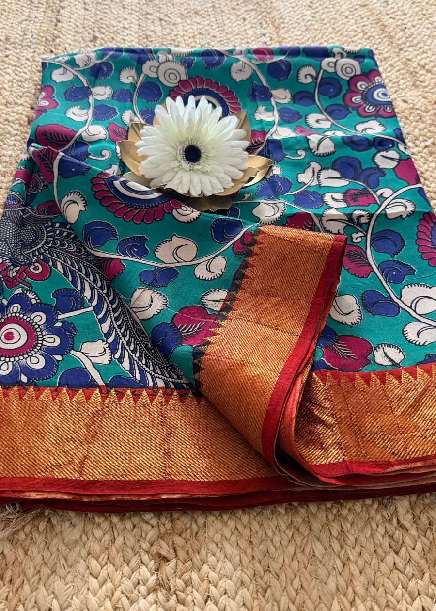 Teal  Kalamkari Block Printed Chennur Silk Saree With Nizam Border - Andhra