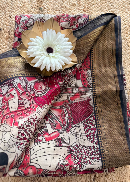 Kalamkari Block Printed Pink and Black Chennur Silk  With Nizam Border- Andhra