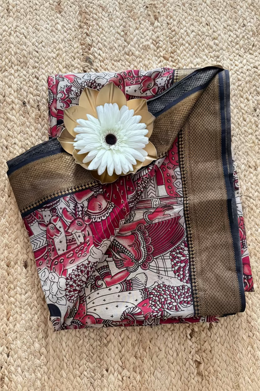 Kalamkari Block Printed Pink and Black Chennur Silk  With Nizam Border- Andhra