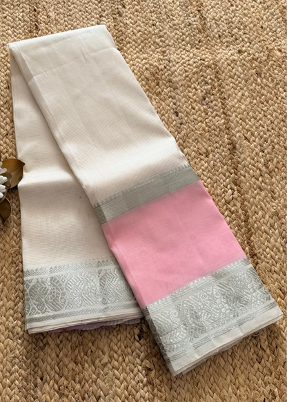 Baby Pink and White Mangalgiri Silk Saree - Andhra