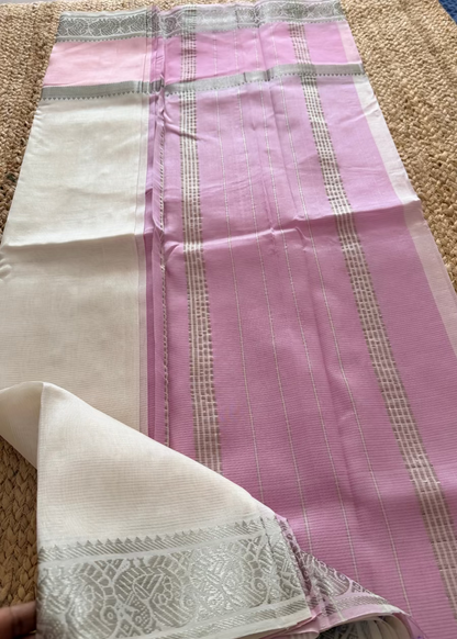 Baby Pink and White Mangalgiri Silk Saree - Andhra