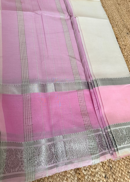 Baby Pink and White Mangalgiri Silk Saree - Andhra