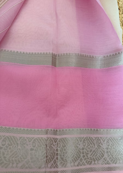 Baby Pink and White Mangalgiri Silk Saree - Andhra