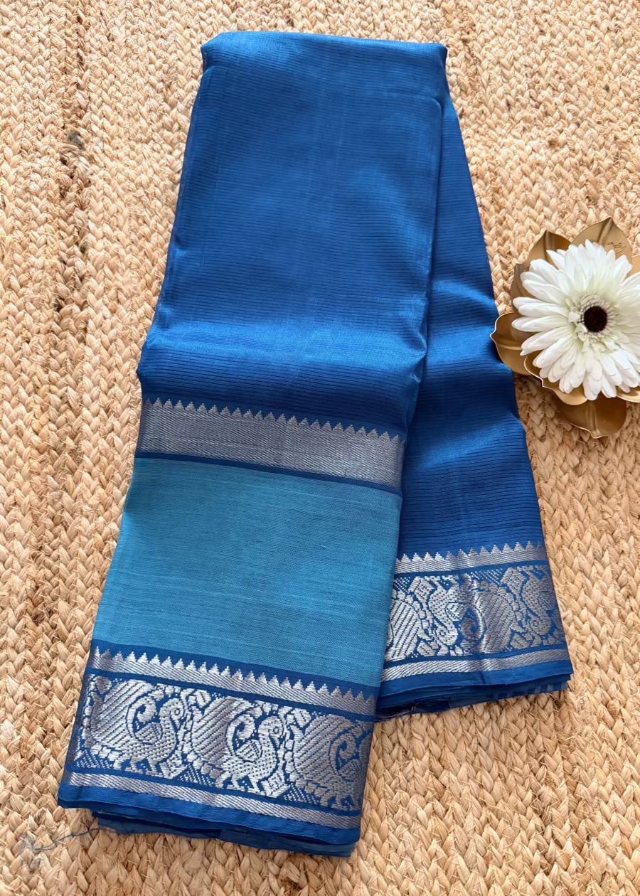 Blue Mangalgiri Silk Saree With Silver Border- Andhra