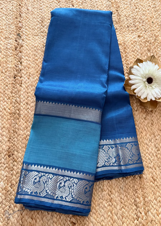 Blue Mangalgiri Silk Saree With Silver Border- Andhra
