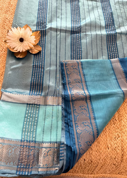 Blue Mangalgiri Silk Saree With Silver Border- Andhra