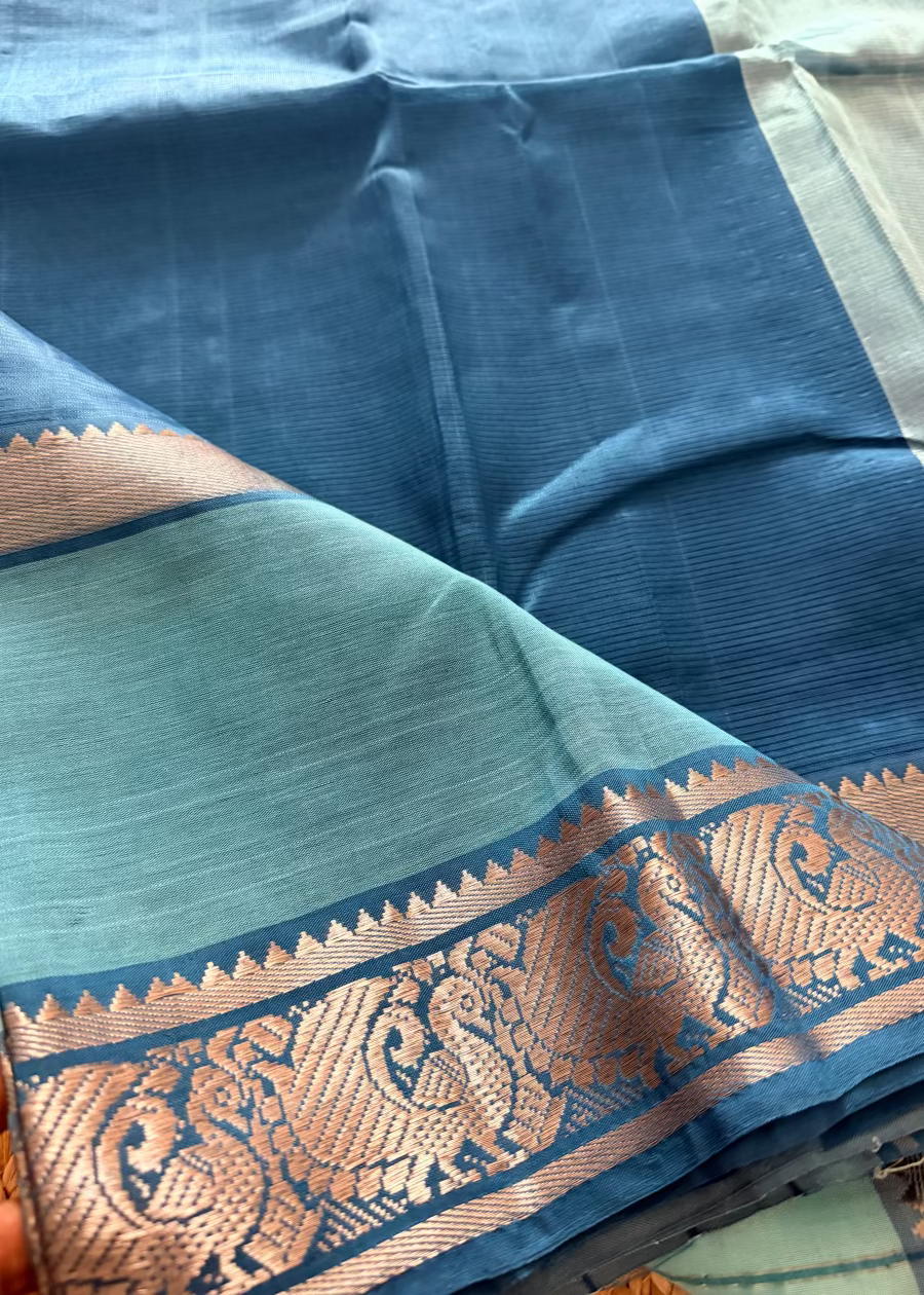 Blue Mangalgiri Silk Saree With Silver Border- Andhra