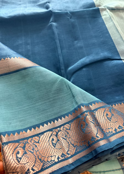 Blue Mangalgiri Silk Saree With Silver Border- Andhra