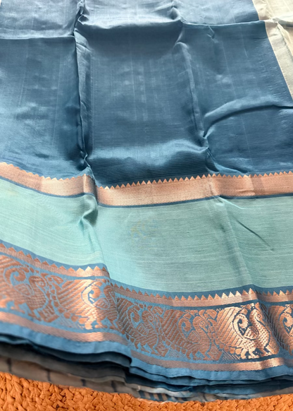 Blue Mangalgiri Silk Saree With Silver Border- Andhra