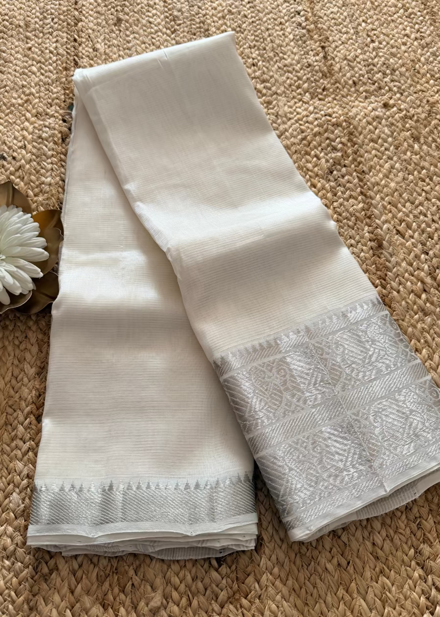 White and Silver Mangalgiri Silk Saree - Andhra