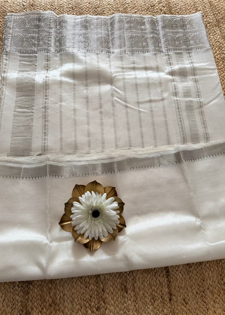 White and Silver Mangalgiri Silk Saree - Andhra