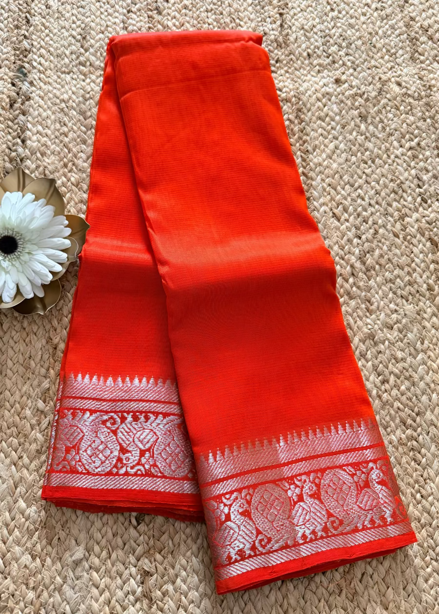 Orange Mangalgiri Silk Vara MahaLakshmi Special Saree - Andhra