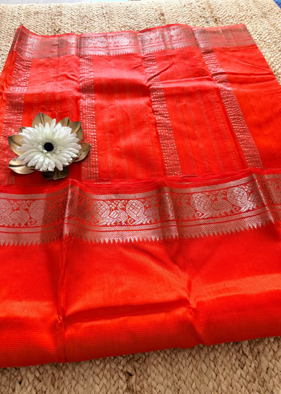 Orange Mangalgiri Silk Vara MahaLakshmi Special Saree - Andhra