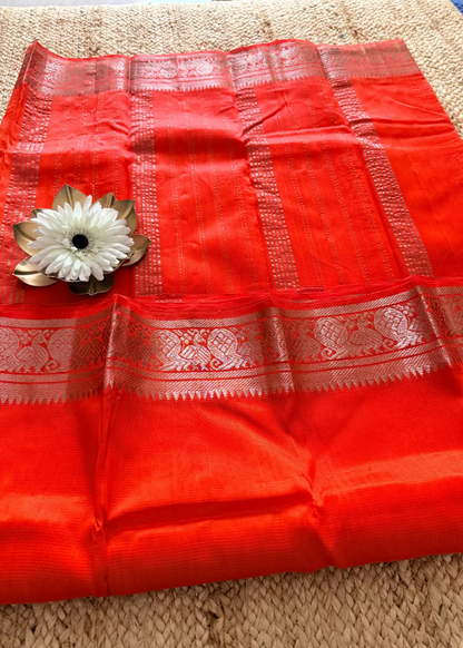 Orange Mangalgiri Silk Vara MahaLakshmi Special Saree - Andhra