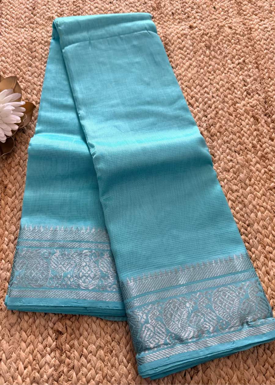 Light Turquoise Blue Mangalgiri Silk Saree - Andhra