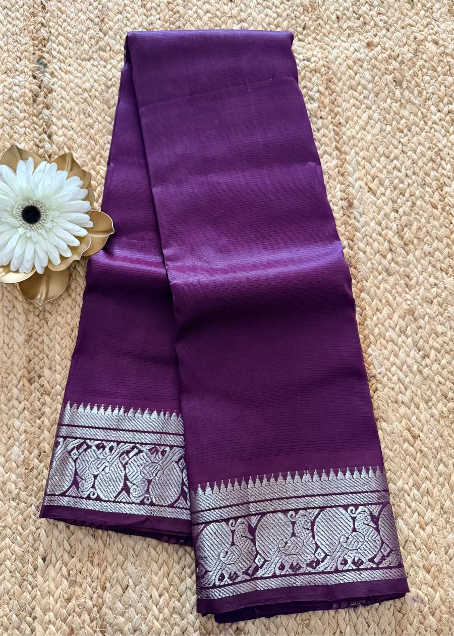 Purple Mangalgiri Silk Saree With Silver Borders - Andhra