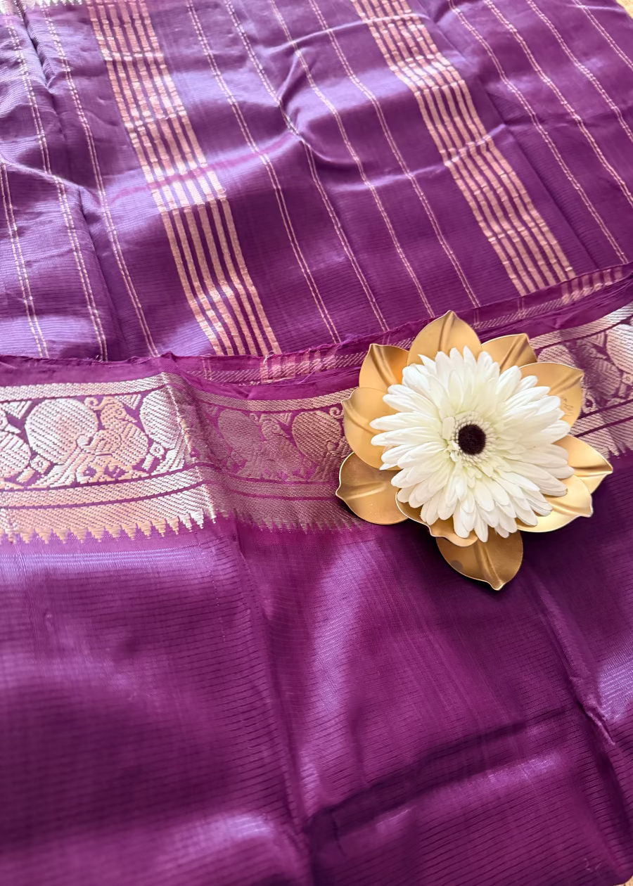 Purple Mangalgiri Silk Saree With Silver Borders - Andhra