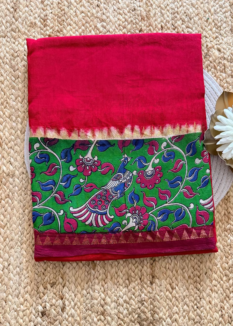 Red and Green Gap Border Mangalgiri Silk Saree - Andhra