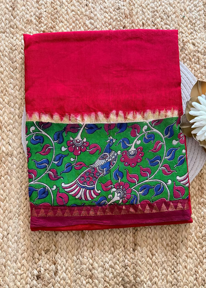 Red and Green Gap Border Mangalgiri Silk Saree - Andhra