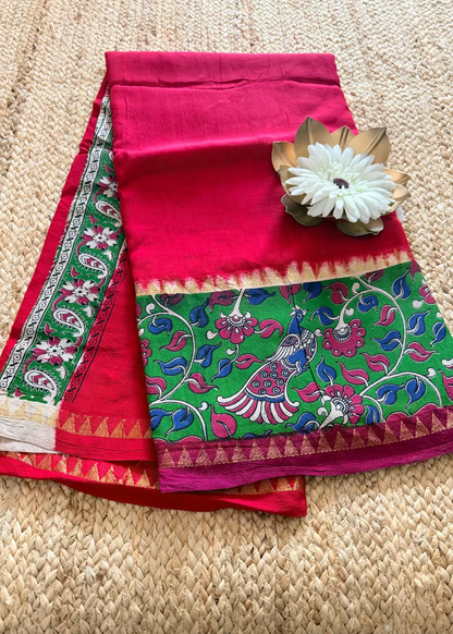 Red and Green Gap Border Mangalgiri Silk Saree - Andhra