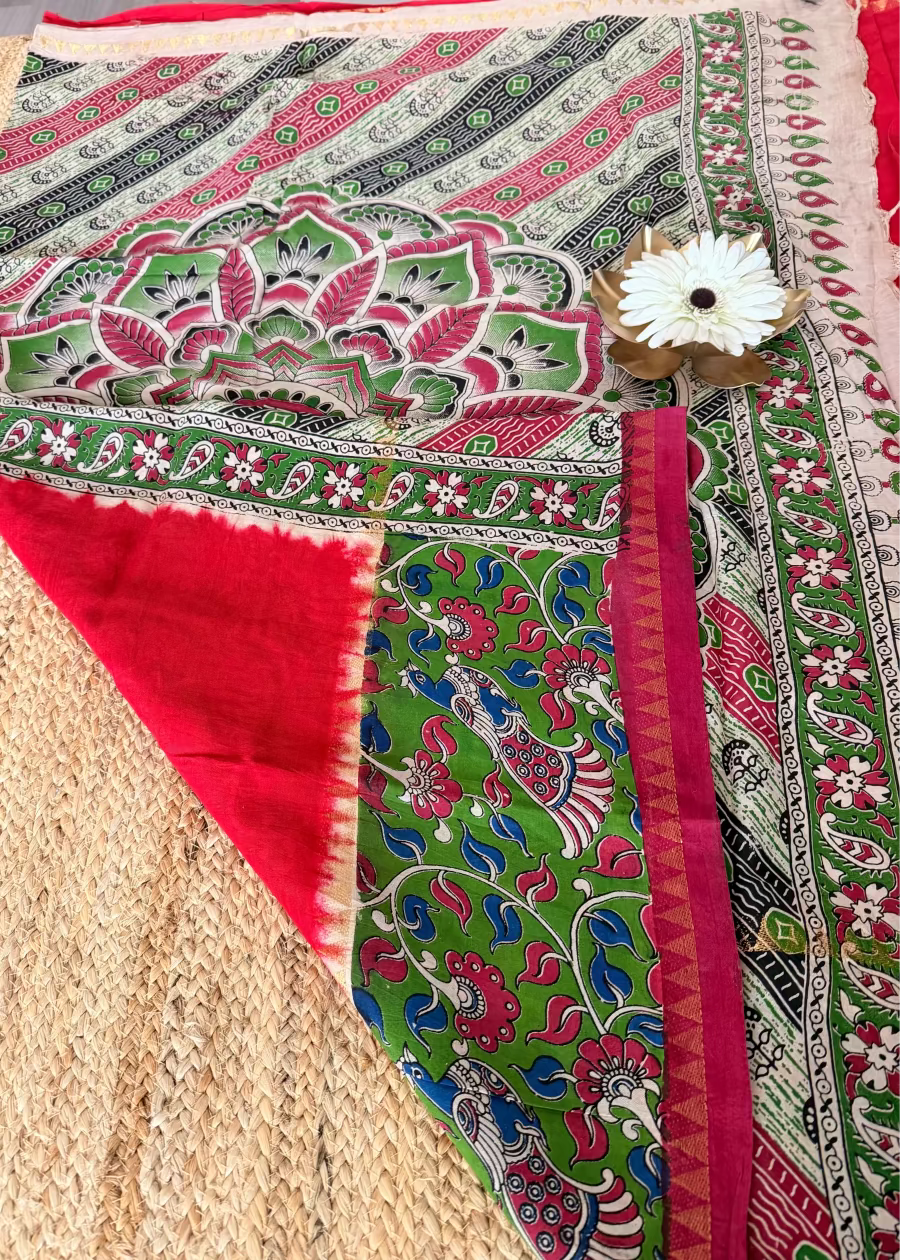 Red and Green Gap Border Mangalgiri Silk Saree - Andhra