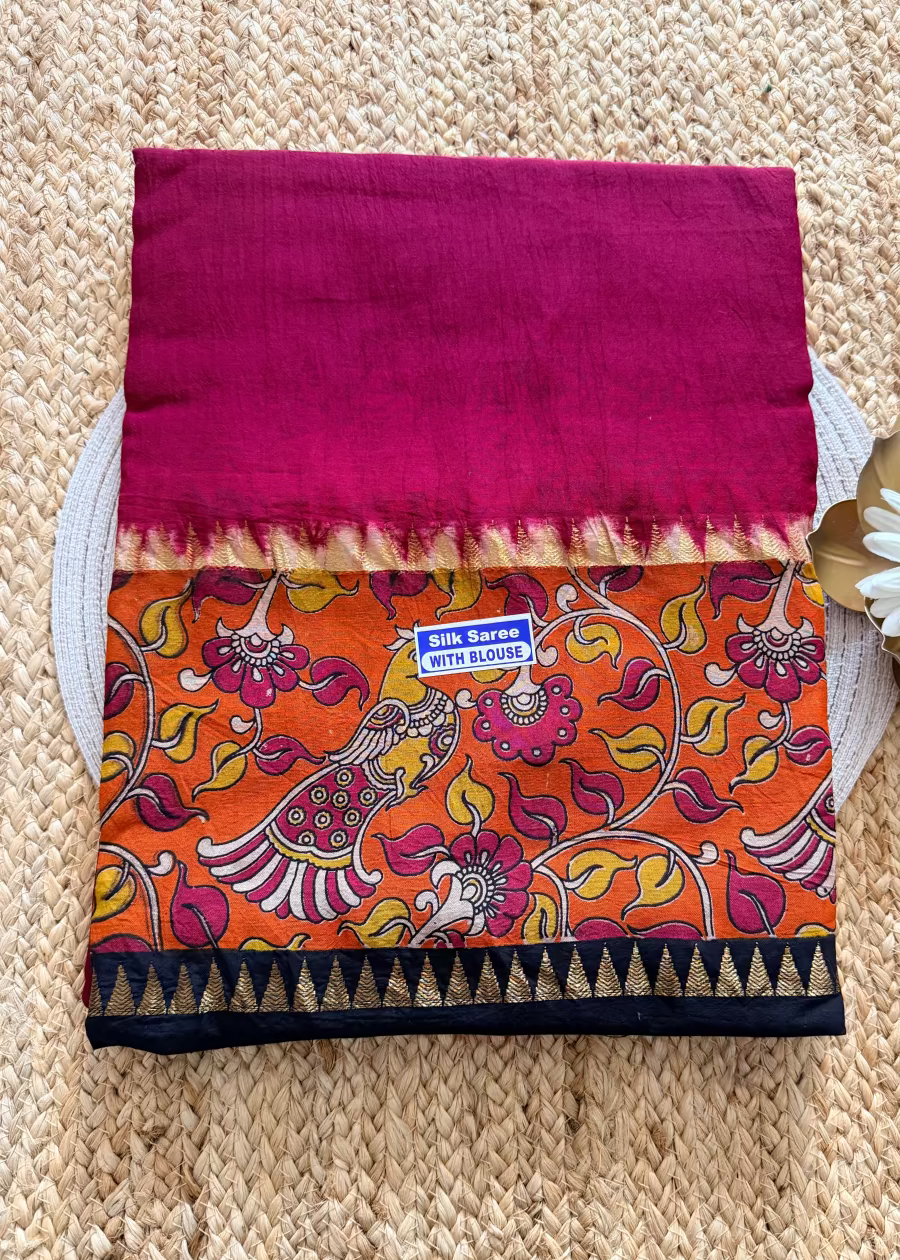 Dark Pink & Orange Gap Border Mangalgiri Silk Saree - Andhra