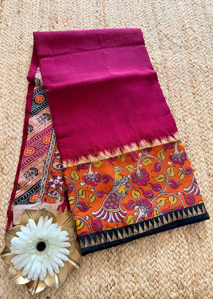 Dark Pink & Orange Gap Border Mangalgiri Silk Saree - Andhra