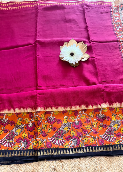 Dark Pink & Orange Gap Border Mangalgiri Silk Saree - Andhra