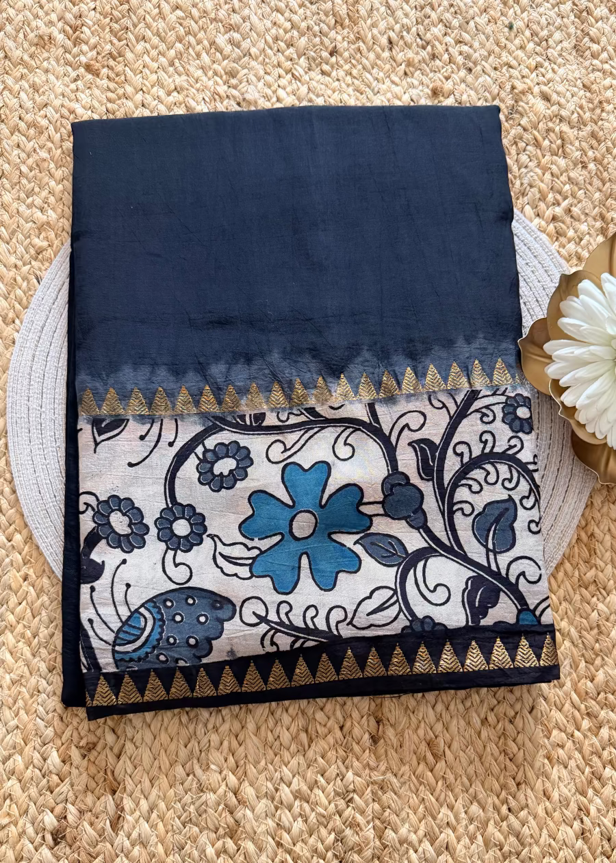 Black and White Gap Border Mangalgiri Silk Saree - Andhra