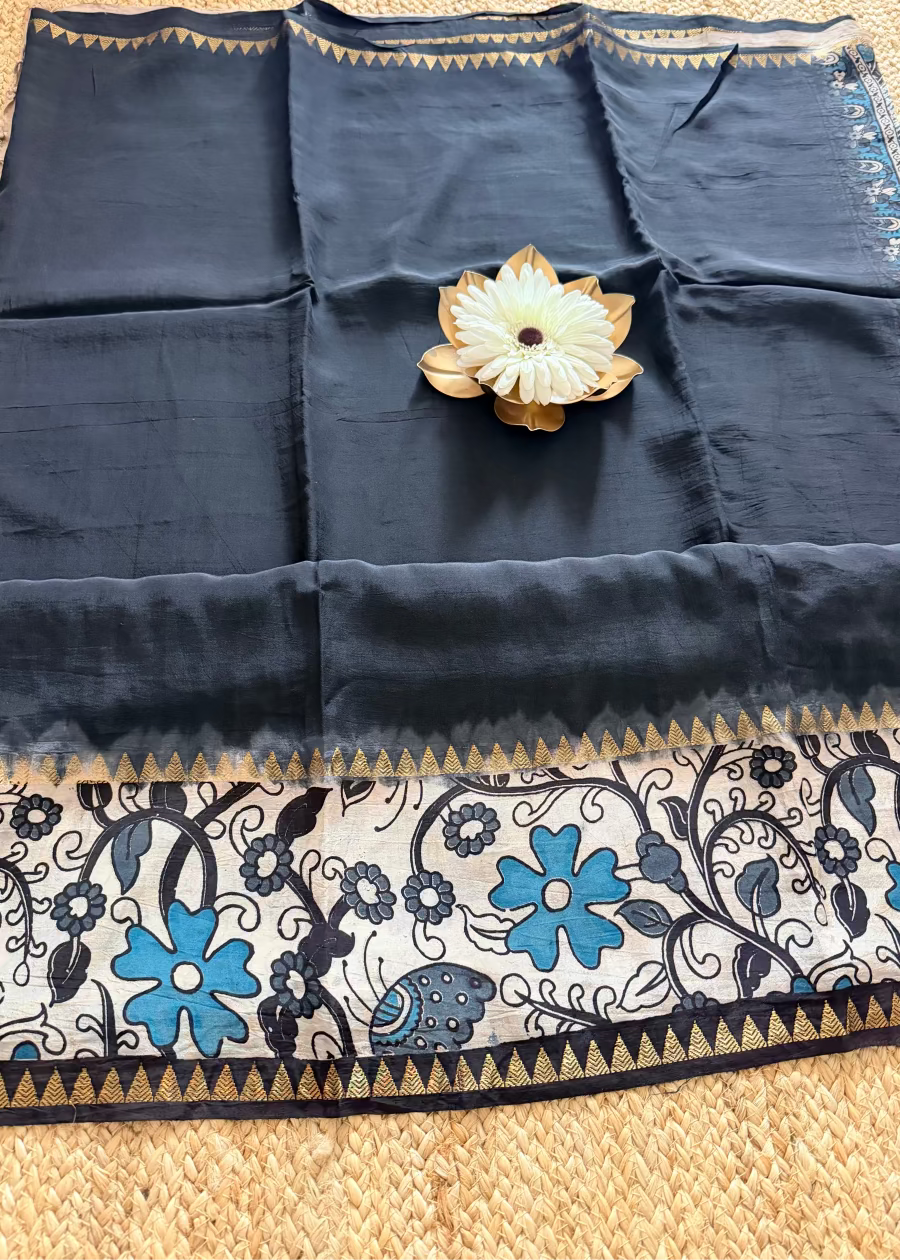 Black and White Gap Border Mangalgiri Silk Saree - Andhra