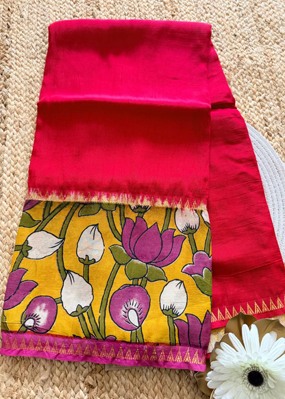 Red and Yellow Gap Border Mangalgiri Silk Saree - Andhra