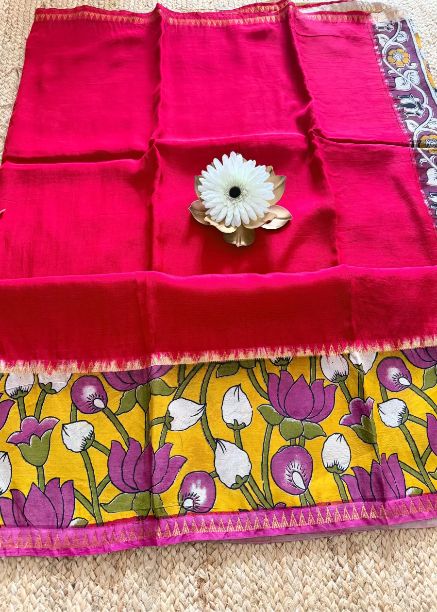Red and Yellow Gap Border Mangalgiri Silk Saree - Andhra