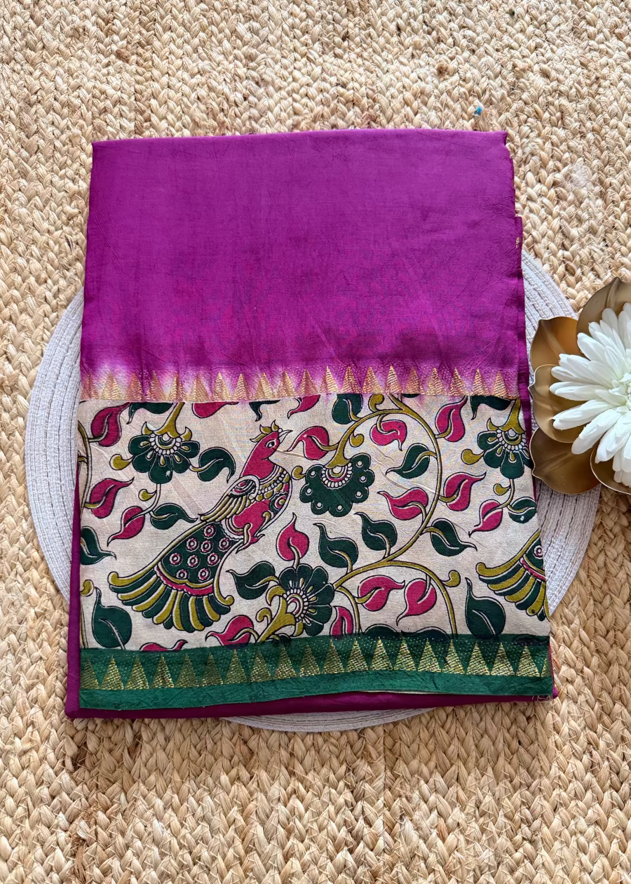 Majenta and Green Gap Border Mangalgiri Silk Saree - Andhra