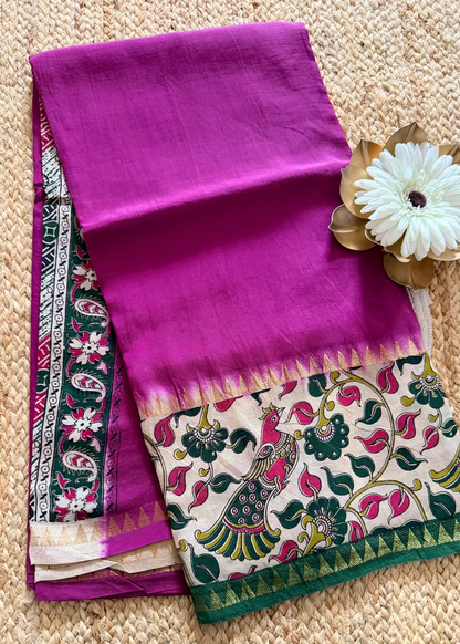 Majenta and Green Gap Border Mangalgiri Silk Saree - Andhra