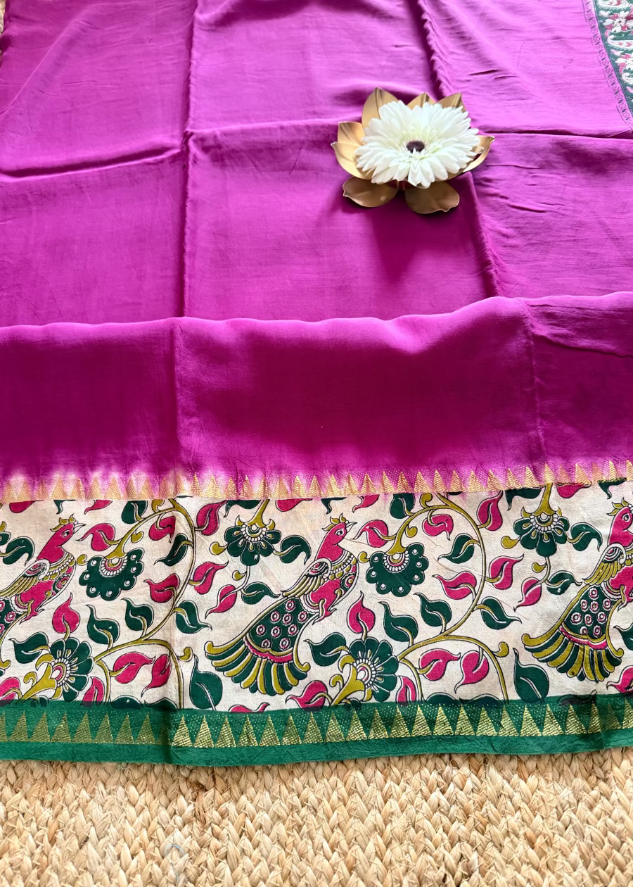 Majenta and Green Gap Border Mangalgiri Silk Saree - Andhra