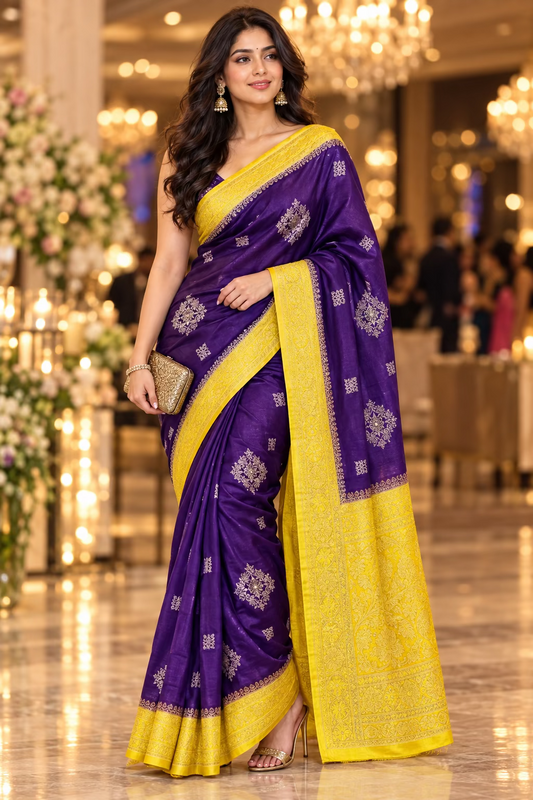 Purple and Yellow Chinon Silk Saree - Banaras