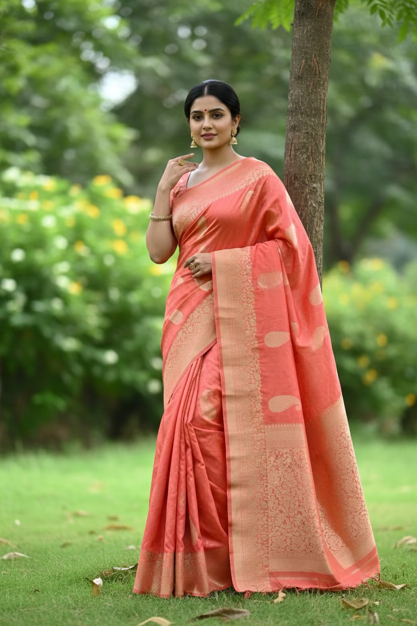 Peach Colour Mushru Silk Saree - Banaras