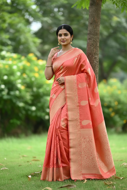 Peach Colour Mushru Silk Saree - Banaras